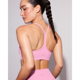 PAVOI ACTIVE Yoga Racerback Bras for Women - Buttery Soft Low Support Scoop Neck Y-Back Thin Strap Sports Bra - FlexFlow, Bubblegum, Medium