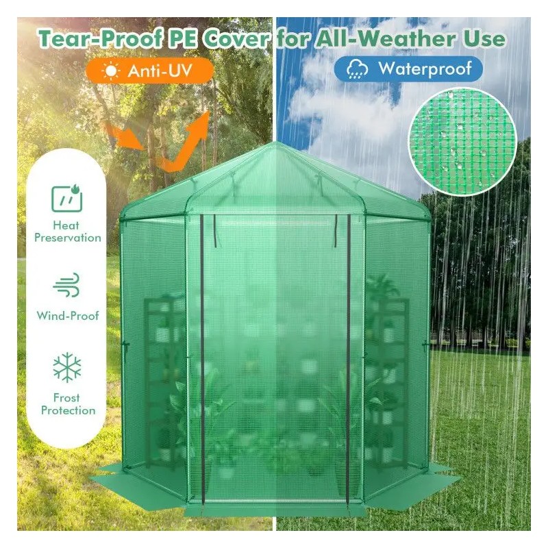 Hexagonal Walk-In Garden Greenhouse with PE Cover and Metal Frame