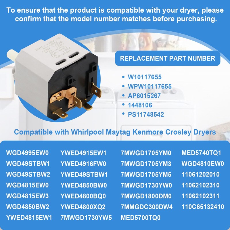 W10117655 Dryer Push to Start Switch Compatible with Some Crosley