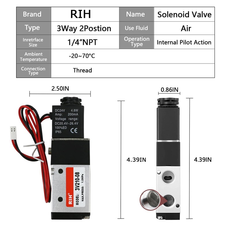 RIH Pneumatics Solenoid Valve 3V210-08 12V/24V/110V Single Coil Pilot-Operated Electric