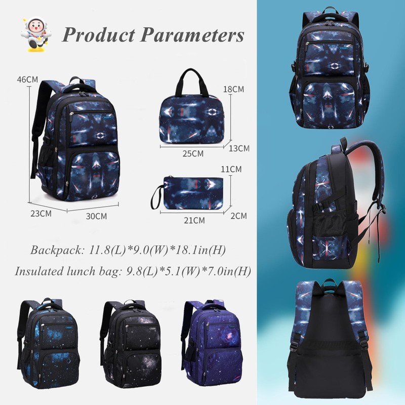 Galaxy School-Bag Backpack and Lunch-Bag Set for Boys Middle-School Elementary