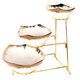 jinsongdafa 3-Tier Serving Rack Ceramic Bowls, Foldable Gold Stand with 7.1"/8.5"/10.2" Gold Rim Bowls, for Food Display, Fruit, Dessert, Decoration for Parties Entertaining