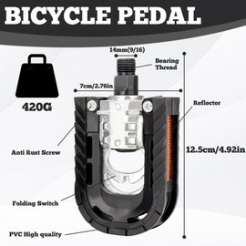 Bicycle Pedals, Bicycle Pedals Foldable on Both Sides, Non-Slip Tread, Industrial Ball Bearing, Bicycle Folding Pedals, Bike Pedals with Reflectors, Bicycle Pedals for Pedelec, MTB, Folding Bike