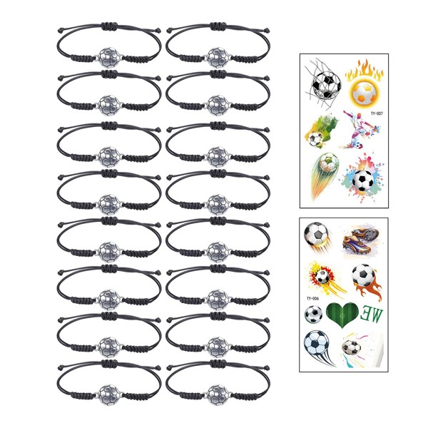 GVSAVY 16 Pieces Football Bracelets with 2 Pieces Football Tattoo Stickers, Handwoven Alloy Bracelet, Adjustable Football Charms, Cute Party Accessories, Suitable for Gathering, Party(Black)