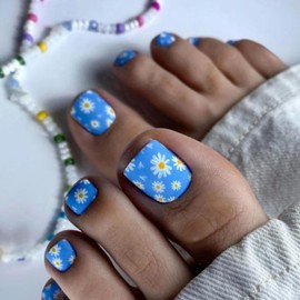 Blue Press on Toenails White Flower Fake Toenails Short Square False Toenails Matte Acrylic Toe Nails Daisy Floral Glue on Toe Nails Full Cover Toe nails Spring Summer Stick on Toenails for Women