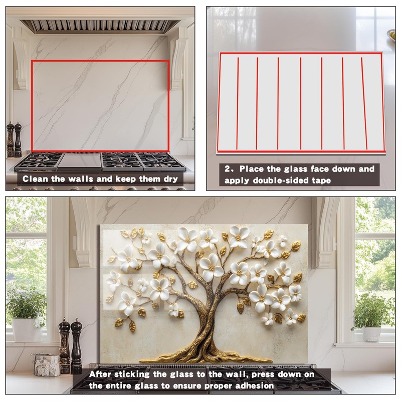 Evgosm Tempered Glass Backsplash for Kitchen, Flowers Stove Splashback, Glass
