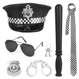 KBIBCK 6pcs Police Costume Accessories, Police Accessories Set, Hat, Sunglasses, Badges, Handcuffs, Baton and Tie,Helloween Carnival Pretend Play