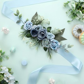 Cheerupp Dusty Blue Flower Belt Maternity Sash, Dusty Blue Handmade Flower Belly Belt for Wedding Baby Shower Gender Reveal Party Decorations Supplies Photo Props