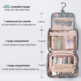 VEXTROFORT Toiletry Bag for Women, Large Hanging Travel Makeup Bag Water-resistant for Toiletries/Cosmetics/Brushes (Small gray flower-V2)