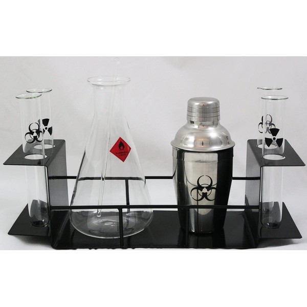 Chemistry Themed Cocktail Barware Set w Hazard Label Decals