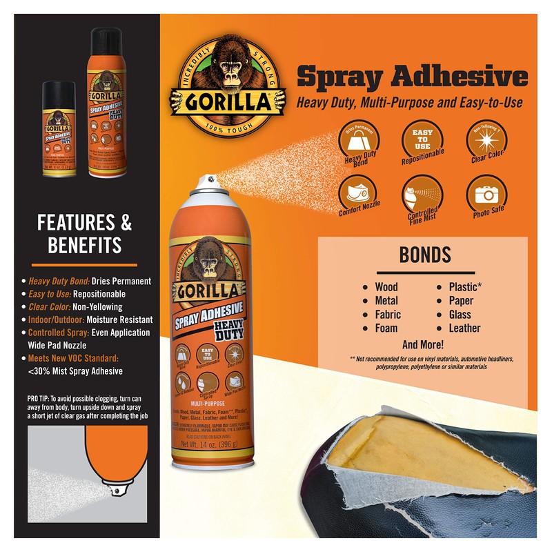 Gorilla Heavy Duty Spray Adhesive, Multipurpose and Repositionable, 4 Ounce,