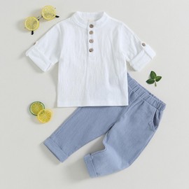 LYSINK Kinder Jungen Sommer Baumwolle Leinen 2 Stück Outfits Knöpfe Kurzarm Shirts mit langen Hosen Farbe Clash Bekleidungssets, A-a-a-blue, 2-3 Years
