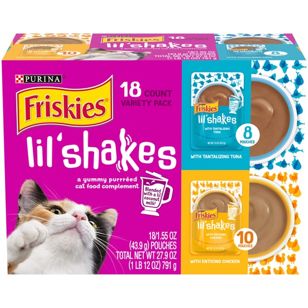 Purina Friskies Pureed Cat Food Topper Variety Pack, Lil' Shakes With Chicken and With Tuna Varieties Lickable Cat Treats - (18) 1.55 oz. Pouches