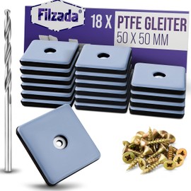 Filzada® 18x Teflon Gliders for Screwing - 50 x 50 mm (Square) - Furniture Glides / Carpet Glides PTFE (Teflon) with Screws