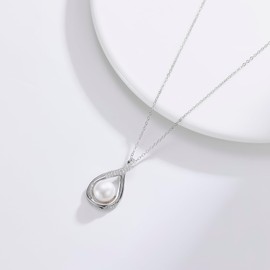 Lipernulo 18K Gold Freshwater Cultured White Pearl Necklace, 10mm Infinity Single Pearl Pendant with 16" Sterling Silver Chain, Mothers Day Anniversary Birthday Wedding Jewelry Gifts for Women