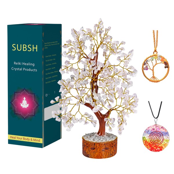 SUBSH Clear Quartz Stone Money Tree | Tree of Life | Energy Healing Stones | Feng Shui Bonsai | Reiki Crystal Healing | Good Luck | Chakra Tree | Spiritual | Crystal Gifts | Office Home Decor