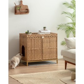 SETVSON Cat Litter Box Enclosure Furniture, Hidden Handwoven Rattan Litter Box with Mat, Large Cat House with Metal Heightened Feet, 30.3 x 18.3 x 28 Inches, Indoor for Living Room, Bedroom Natural