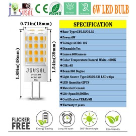 JSVSAL GY6.35/G6.35 LED Bulb Dimmable, T4 JC Type Bi-pin Base,AC/DC 12V Natural White 4000K,6W Equivalent to 50-65W G6.35/GY6.35 Halogen/Xenon/Incandescent Replacement Bulb,4-Pack
