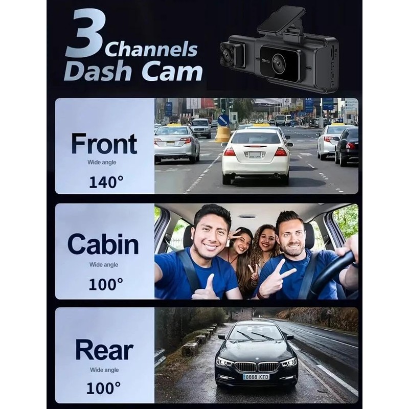 3-Channel Car Dash Cam Wifi 1080p FHD 140° Wide Angle