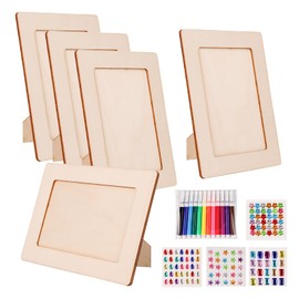 BigKego Pack of 5 Picture Frames for Painting, Photo Frame, Children's Wooden Picture Frame, Craft Set, DIY Picture Frame, Wood with Diamond Sticker, Colouring Pencils for Table Displays, Crafts