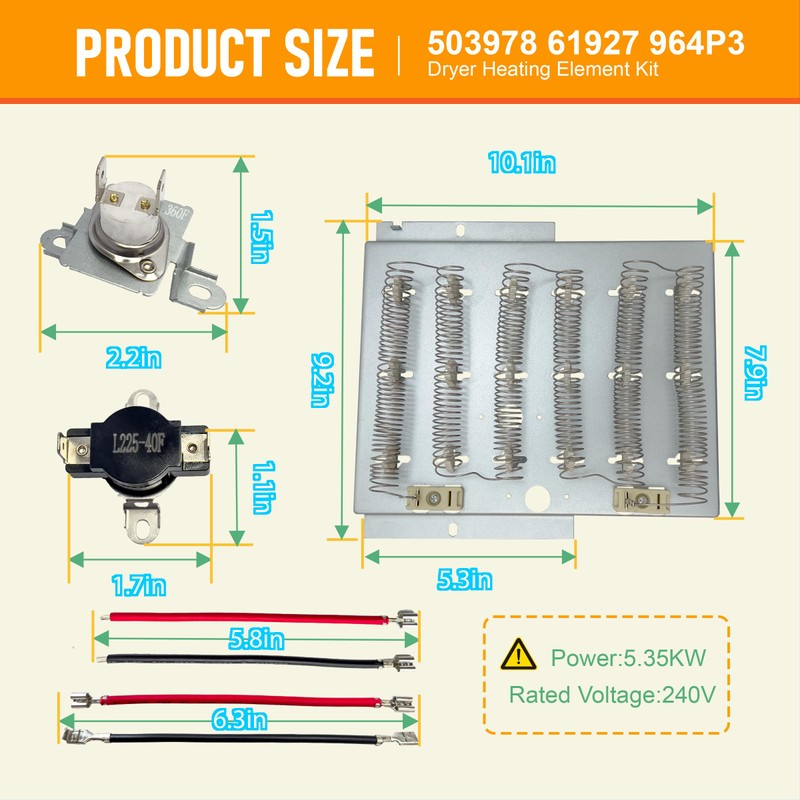 Upgraded 503978 61927 964p3 Dryer Heating Element Thermostat ThermalFuse Compatible