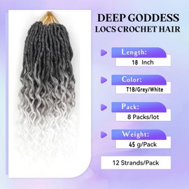 Deep Goddess Locs 18 Inch New Soft Faux Locs Crochet Braids Deep Wave Pre Looped Hair Extensions Crochet Hair for Black Women(18 Inch 8 Pcs T1B/Grey/White)
