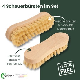zederle Scrubbing Brushes with Ergonomic Beech Wood Handle (Pack of 4) Soft Bristles, Root Brushes for Perfect Cleaning, Cleaning Brush, Hand Scrubber, Plastic-Free Natural Product