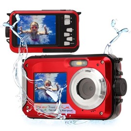 Waterproof Digital Camera, Full HD 2.7K 48MP 10ft Waterproof Underwater Digital Camera, 16X Digital Zoom Front Rear Double Screens Waterproof Digital Camera (Red)