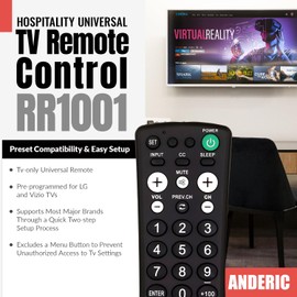Anderic RR1001 Simple TV Universal Remote - Works All Brands - Great for Hotels and Hospitality Rooms - Simple Universal Remote