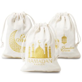 Pack of 3 Ramadan Bags, Eid Mubarak Bags, Gift Bags for Ramadan Decoration, Ramadan Gift Bags Made of Cotton, Gift Bags for Filling for Muslim Ramadan Decoration Party