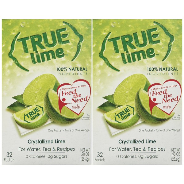 True Lime, Unsweetened Crystallized Lime (Pack of 2 Boxes, Total 64 Individual Packets)