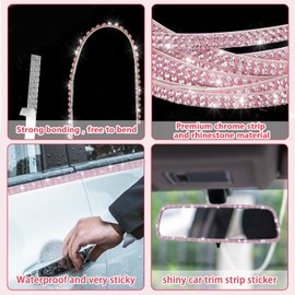 Bling Car Trim Self-Adhesive 16.4Ft, Rhinestone Car Accessories for Women, Car Bling Interior Exterior Decoration, Car Decorations Rhinestone Door Stickers (Pink)