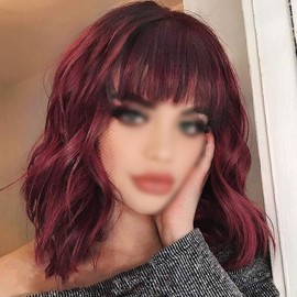 Pelucas Bob Cortas con Flequillo Peluca Ondulada Roja Rizada Peluca Sintética Ondulada hasta los Hombros Pelucas de Mujer para Niñas Cosplay Uso Diario en Fiestas