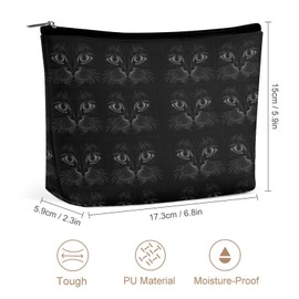 Women PU Leather Cosmetic Bag, Toiletry Storage 6.8x5.9x2.3 in Zipper Pouch Handbag Makeup Case Purse Holder Organizer Print Black Cat Face on Dark