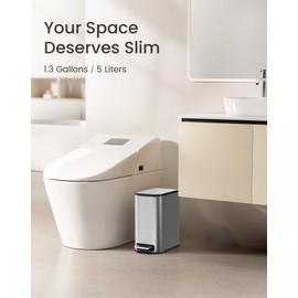 Cesun Silver Bathroom Trash Can, 1.3 Gallon Small Garbage Can with Lid, Metal Slim Trash Bin with Foot Pedal, Waste Basket for Bathroom, Bedroom, Office, Silver, 5 Liters