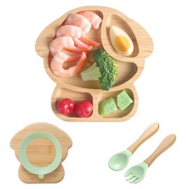 Coptiner Bamboo Plate with Suction Cup for Babies and Toddlers, Non-Slip Baby Plate, Snack Plate, Children's Plate for Learning to Eat, Children's Wooden Plate with Spoon and Fork (Puppies)