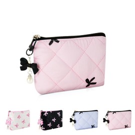 Playexen Mini Makeup Bag, Small Bow Tie Cosmetic Bag for Purse with Keychain, Portable XS Travel Makeup Pouch for Daily Use (Pink-Black Bow Tie)