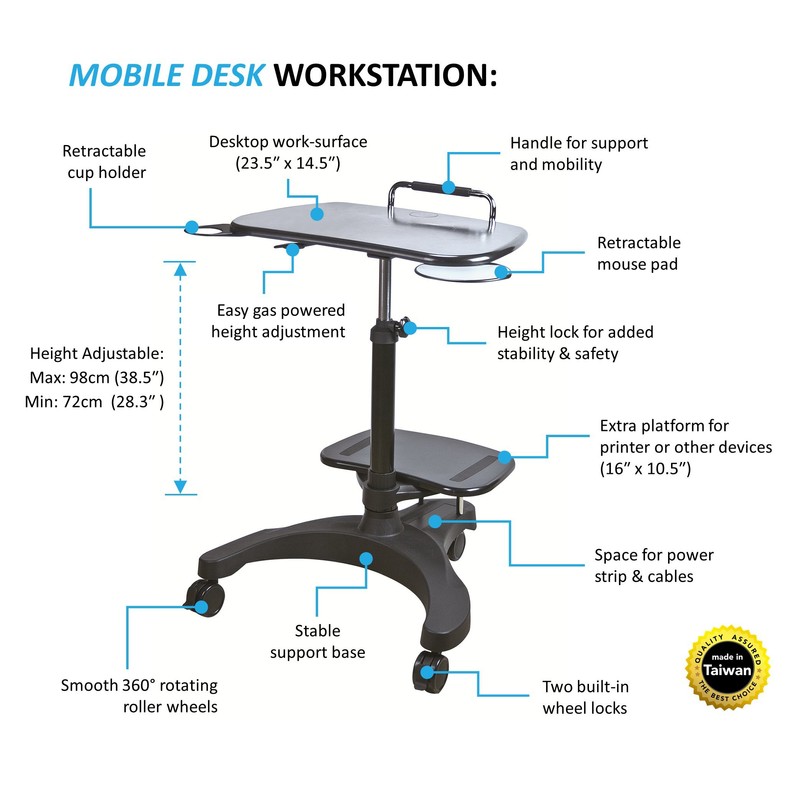 Aidata Ergonomic Sit-Stand Mobile Laptop Cart Work Station with Printer