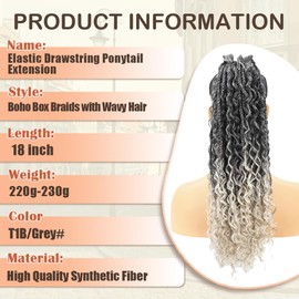 Lovenea Drawstring Ponytail for Women 18 inch Boho Box Braids with Long Wavy Hair Clip in Ponytail Extension Synthetic Hair Extensions Ponytail for Daily Use (T1B/Grey#, 18 Inch)