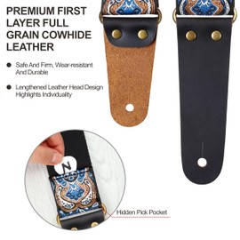 Nefelibata Guitar Strap, Vintage Embroidered Cotton Guitar Straps with Genuine Leather Ends for Bass, Electric & Acoustic Guitars, Come with Free Strap Button, 1 Pair Strap Locks and 4 Guitar Picks