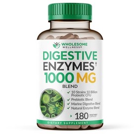 Wholesome Wellness Digestive Enzymes 1000MG Plus Prebiotics & Probiotics Supplement, 180 Capsules, Organic Plant-Based Vegan Formula for Digestion & L