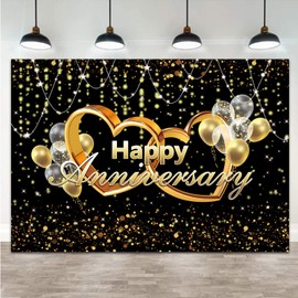 Happy Anniversary Backdrop Black and Gold Balloons Photography Background Poster for Wedding Anniversary Party Birthday Party Decorations Banner 7x5ft