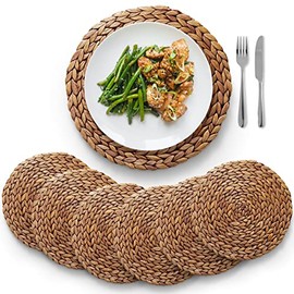Woven Placemats, 11.8" Round Placemats Rattan Placemats, Wicker Water Hyacinth Placemats, Round Braided Placemats Set, Heat Resistant/Anti-Slip/Durable for Dinner Plate (Set of 6)