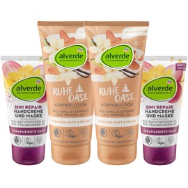 alverde Natural Cosmetics Set of 4 Skin Care: Body Lotion Ruheoase Body Lotion with Almond Oil & Vanilla Extract (2 x 200 ml) + 2-in-1 Repair Hand Cream & Hand Mask for Stressed Hands (2 x 75 ml), 550