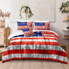 Merryword 8 Pcs Bed in a Bag USA Flag Comforter Set Queen Size American Flag Bedding Set Wooden Planks Bedding Comforter Set