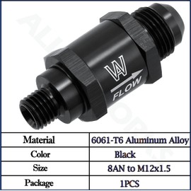 KUNTAUTOS M12 x 1.5 to -8 AN Flare Inline Check Valve One Way Non-Return Check Valve Male Fuel Hose Fitting with Spring Design Inside Parts Aluminum Black