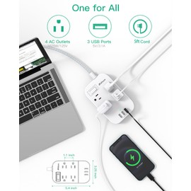 Dorm Room Essentials, Extension Cord 5FT, Power Strip with USB Ports, Flat Plug, Wall Mountable, Overload Protection, Home Office Supplies