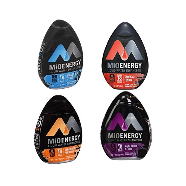 Mio Energy Water Enhancement - Variety (Pack of 4) Strawberry Pineapple Smash, Tropical Fusion, Acai Berry Storm and Wicked Blue Citrus