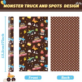 WERNNSAI Monster Truck Reversible Wrapping Paper Roll - 1 Roll 17” x 33 ft Happy Birthday Wrapping Paper Roll for Kids Racing Birthday Gift Wrap Roll Boys Holiday Brown Wrapping Paper Polka Dot Design