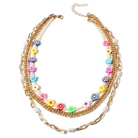 Vinzar Boho Gold Layer Chain Necklace Colorful Flowers Collar Necklace Pearl Women Necklace Jewelry for Daily Beach Summer Party